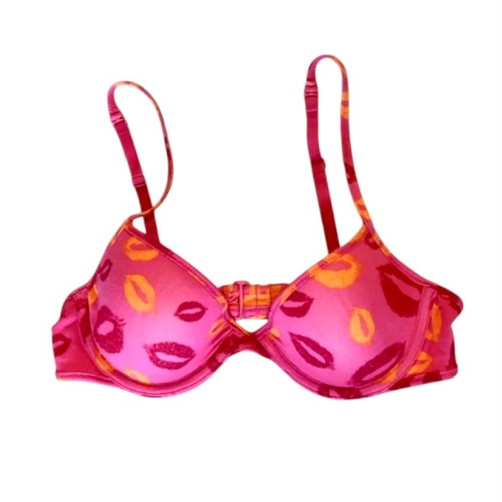 Flirtitude Kiss Print Bikini Top Pink and Orange Lips Swim Top Swimsuit Bra 34A - Picture 8 of 11
